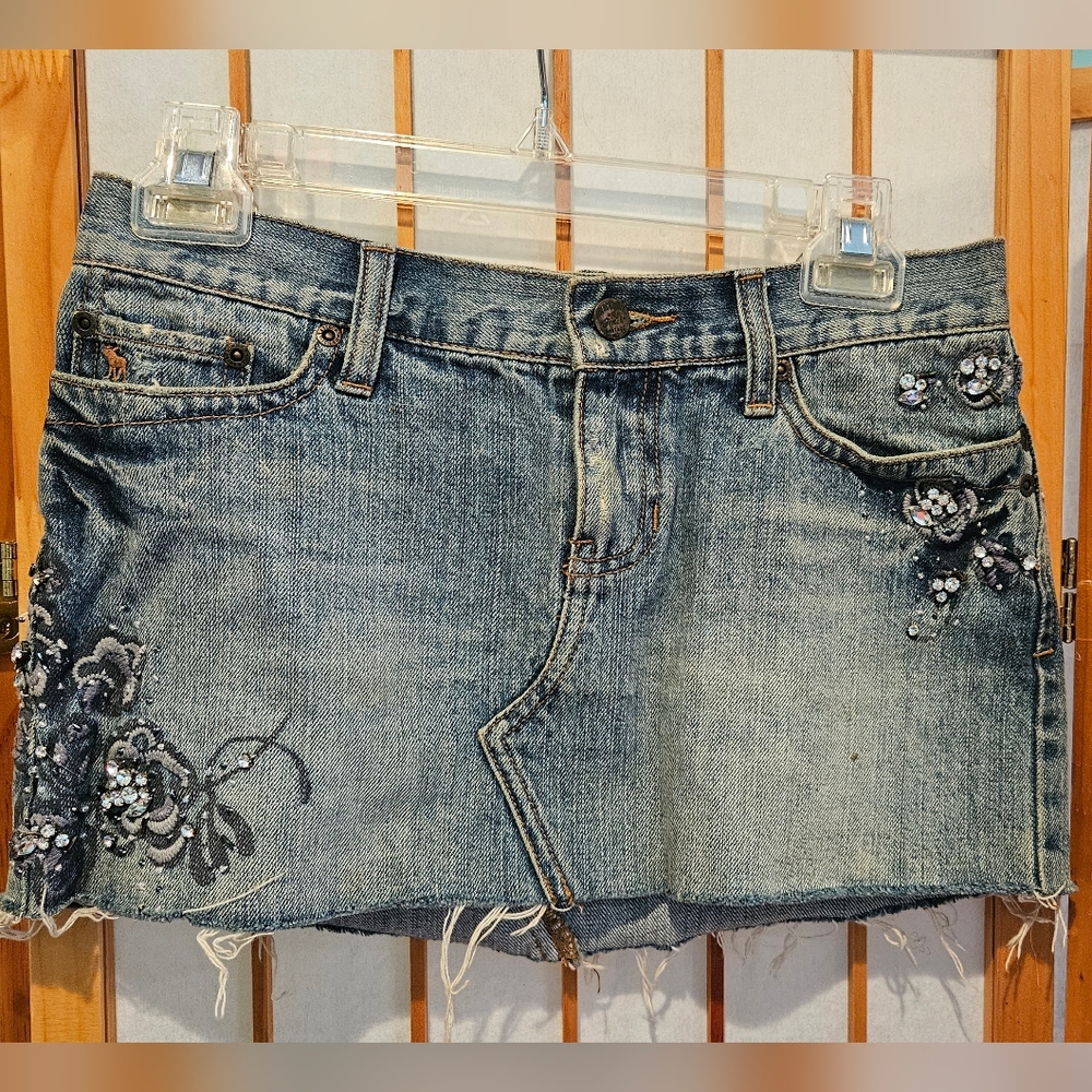 Abercrombie Ripped Jean Mini Skirt with Rinestones